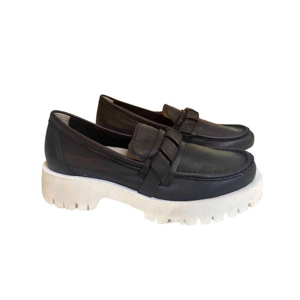 Miz Mooz Black Leather Lug Sole Loafers with White Platform